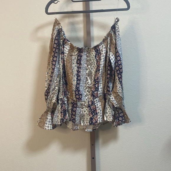 Triple Seven Boho Long Sleeve Off The Shoulder Printed Crop Top - Picture 9 of 9